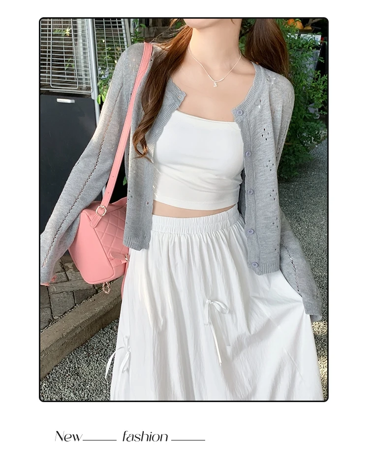 Grey Knitted Cardigan Thin Tops Women Summer Hollow Out Long Sleeve Button Sun Protected Korean Style Short Knitwear Tops Female