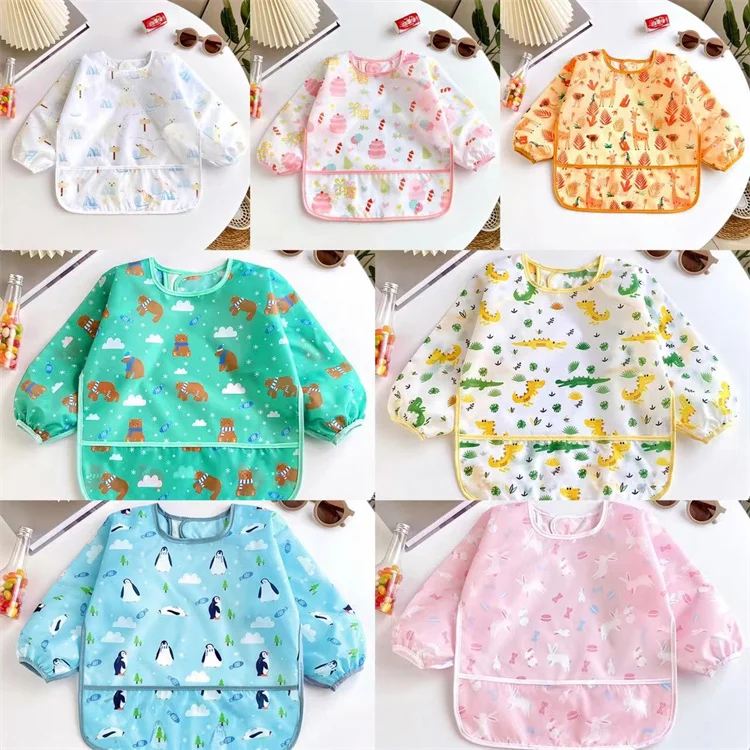 0-2 Years Baby Soft Bibs Cute Colorful Cartoon Waterproof Bibs Infant Eating Drawing Long Sleeve Apron Self Feeding