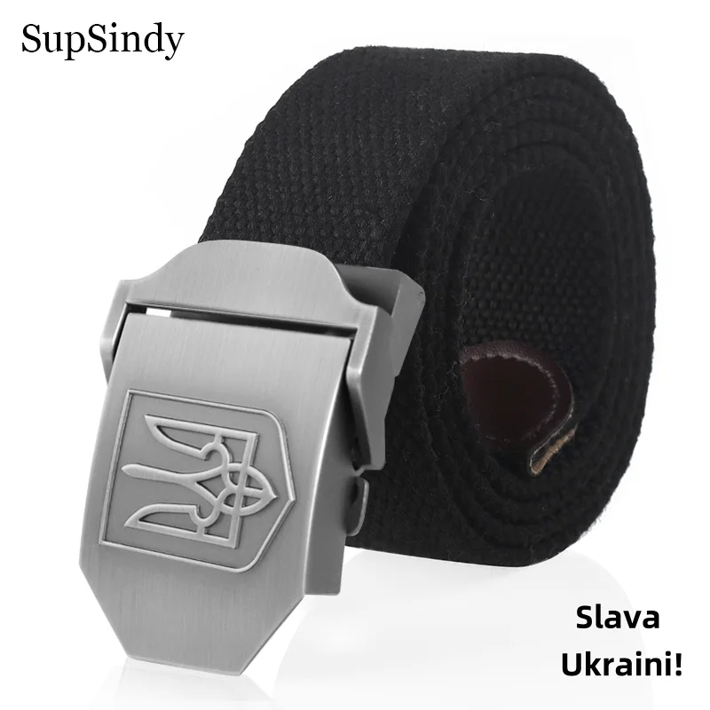 SupSindy New Canvas Belt 3D National Emblem of Ukraine Metal Buckle Jeans Belts for Men Army Military Tactical Belts Male Strap