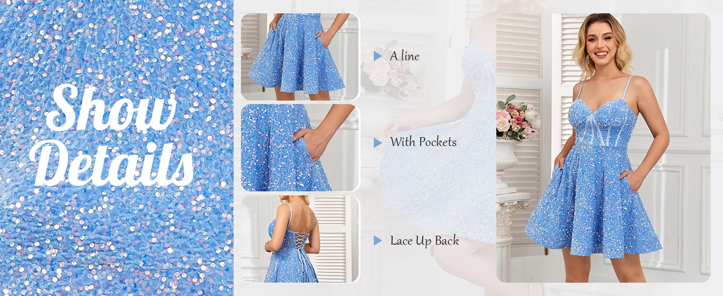 Spaghetti Straps Sequin Homecoming Dress Short Prom Gown with Pockets Evening Party Gowns cocktail dress party mini dresses