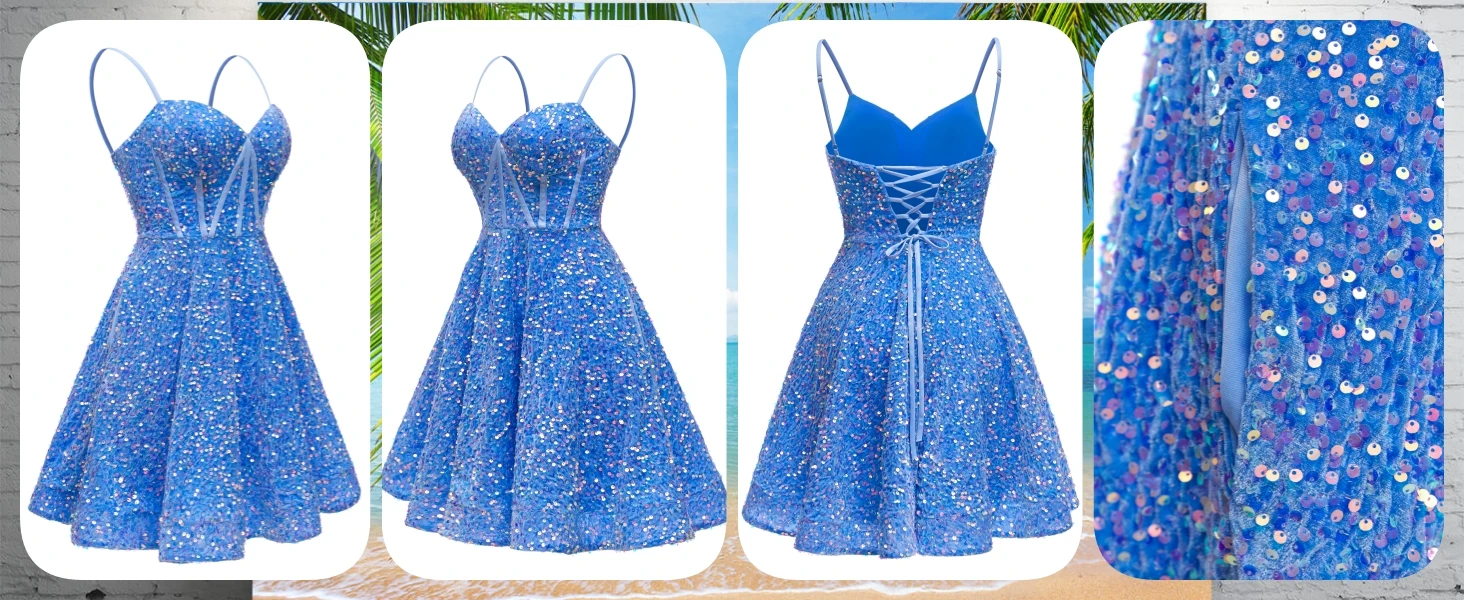 Spaghetti Straps Sequin Homecoming Dress Short Prom Gown with Pockets Evening Party Gowns cocktail dress party mini dresses