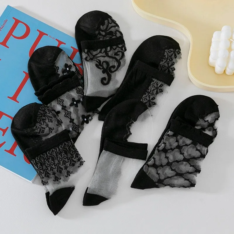 5/10 Pairs Women Lace Mid Tube Crystal Socks Retro Floral Pattern Summer Lightweight Wear-Resistant Breathable Casual Socks