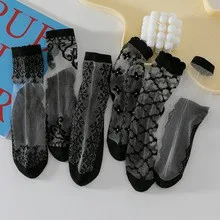 5/10 Pairs Women Lace Mid Tube Crystal Socks Retro Floral Pattern Summer Lightweight Wear-Resistant Breathable Casual Socks