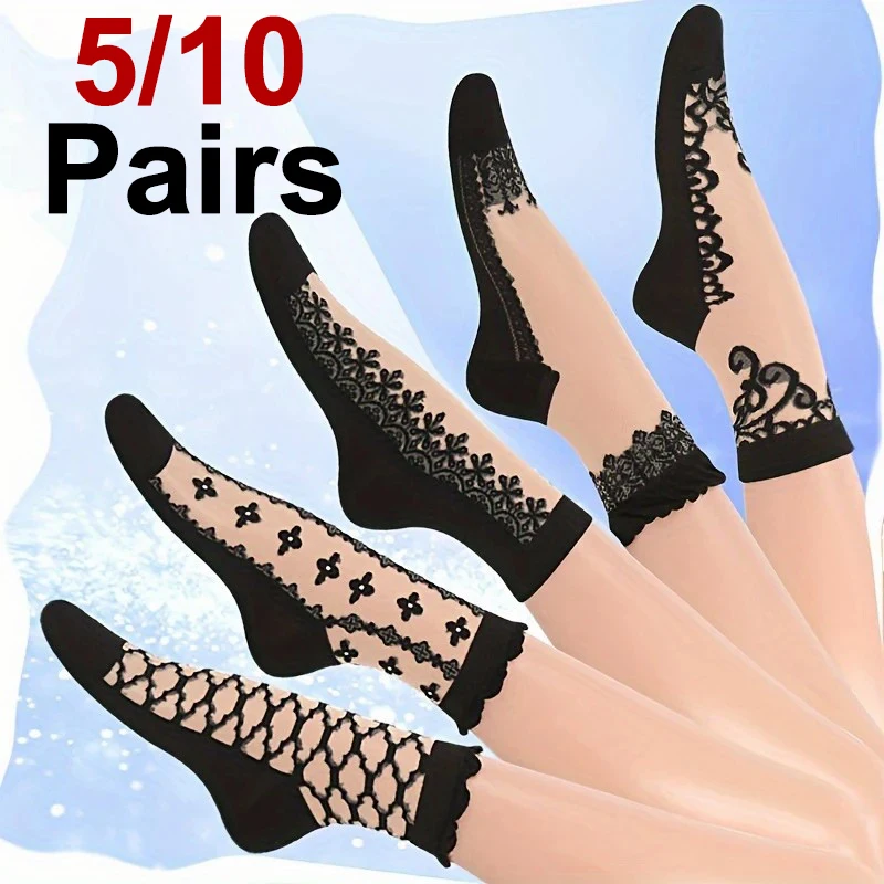 5/10 Pairs Women Lace Mid Tube Crystal Socks Retro Floral Pattern Summer Lightweight Wear-Resistant Breathable Casual Socks