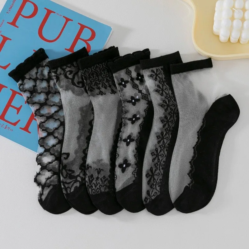 5/10 Pairs Women Lace Mid Tube Crystal Socks Retro Floral Pattern Summer Lightweight Wear-Resistant Breathable Casual Socks