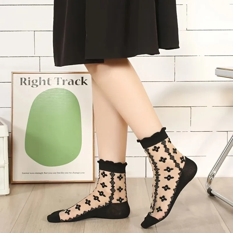 5/10 Pairs Women Lace Mid Tube Crystal Socks Retro Floral Pattern Summer Lightweight Wear-Resistant Breathable Casual Socks