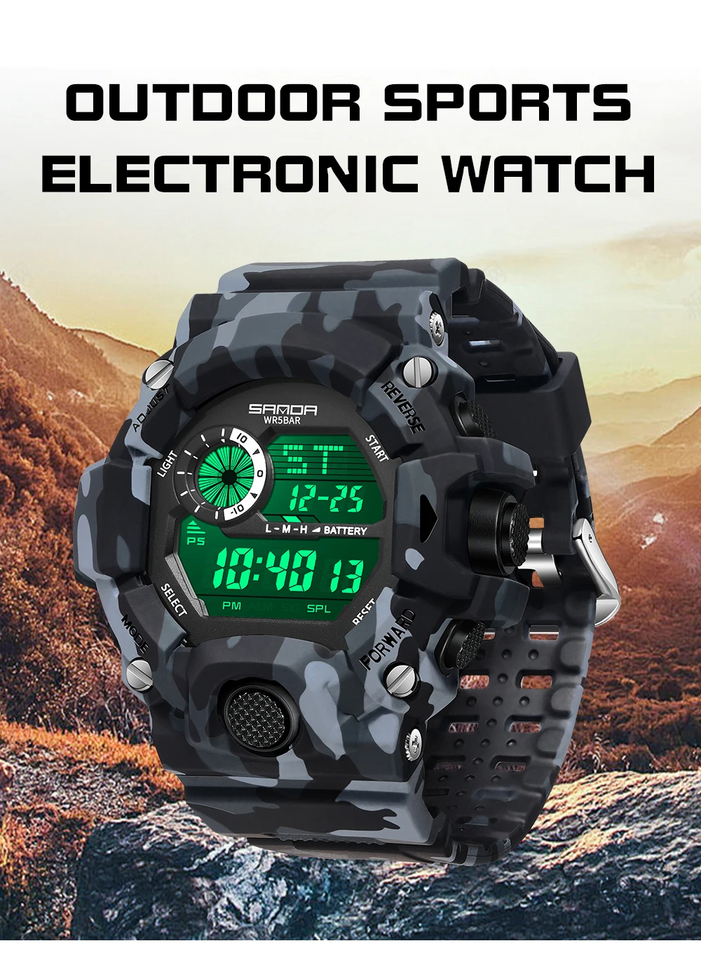 Fashion SANDA 2183 Men's Camouflage Military Multi Functional Waterproof Day Night Light Calendar Men's Electronic Watch 2025