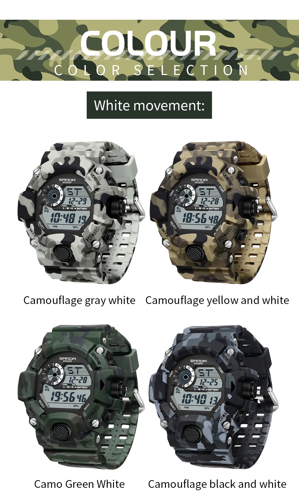 Fashion SANDA 2183 Men's Camouflage Military Multi Functional Waterproof Day Night Light Calendar Men's Electronic Watch 2025