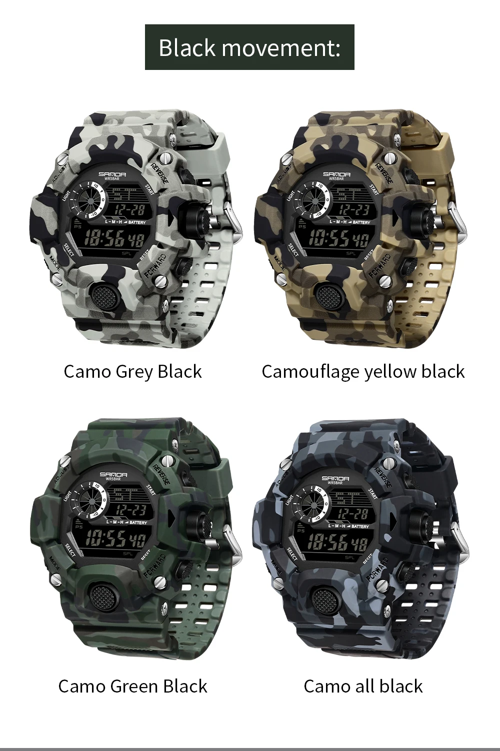Fashion SANDA 2183 Men's Camouflage Military Multi Functional Waterproof Day Night Light Calendar Men's Electronic Watch 2025