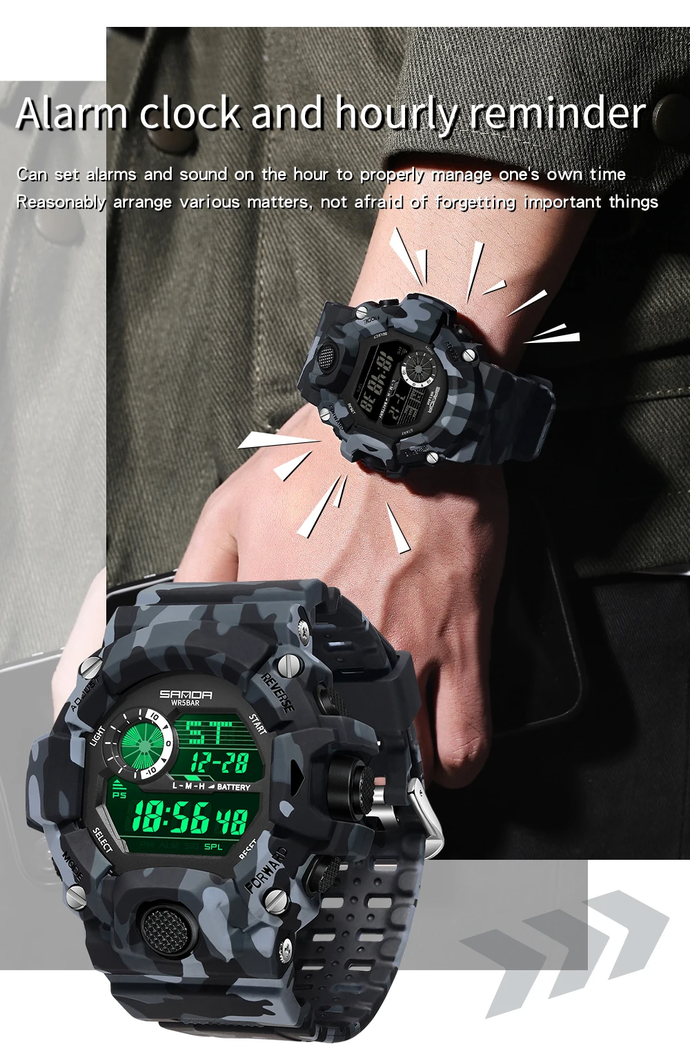 Fashion SANDA 2183 Men's Camouflage Military Multi Functional Waterproof Day Night Light Calendar Men's Electronic Watch 2025