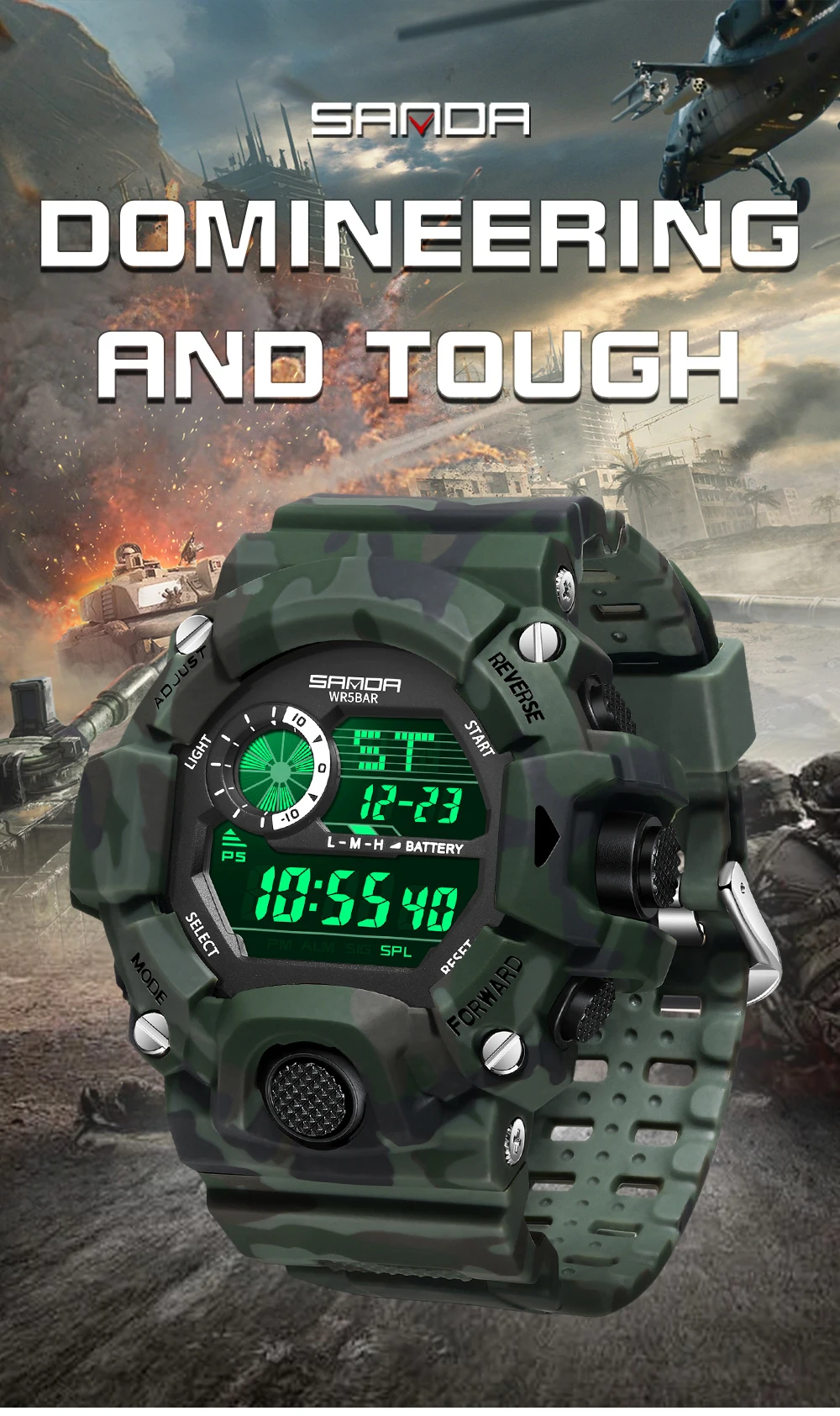Fashion SANDA 2183 Men's Camouflage Military Multi Functional Waterproof Day Night Light Calendar Men's Electronic Watch 2025