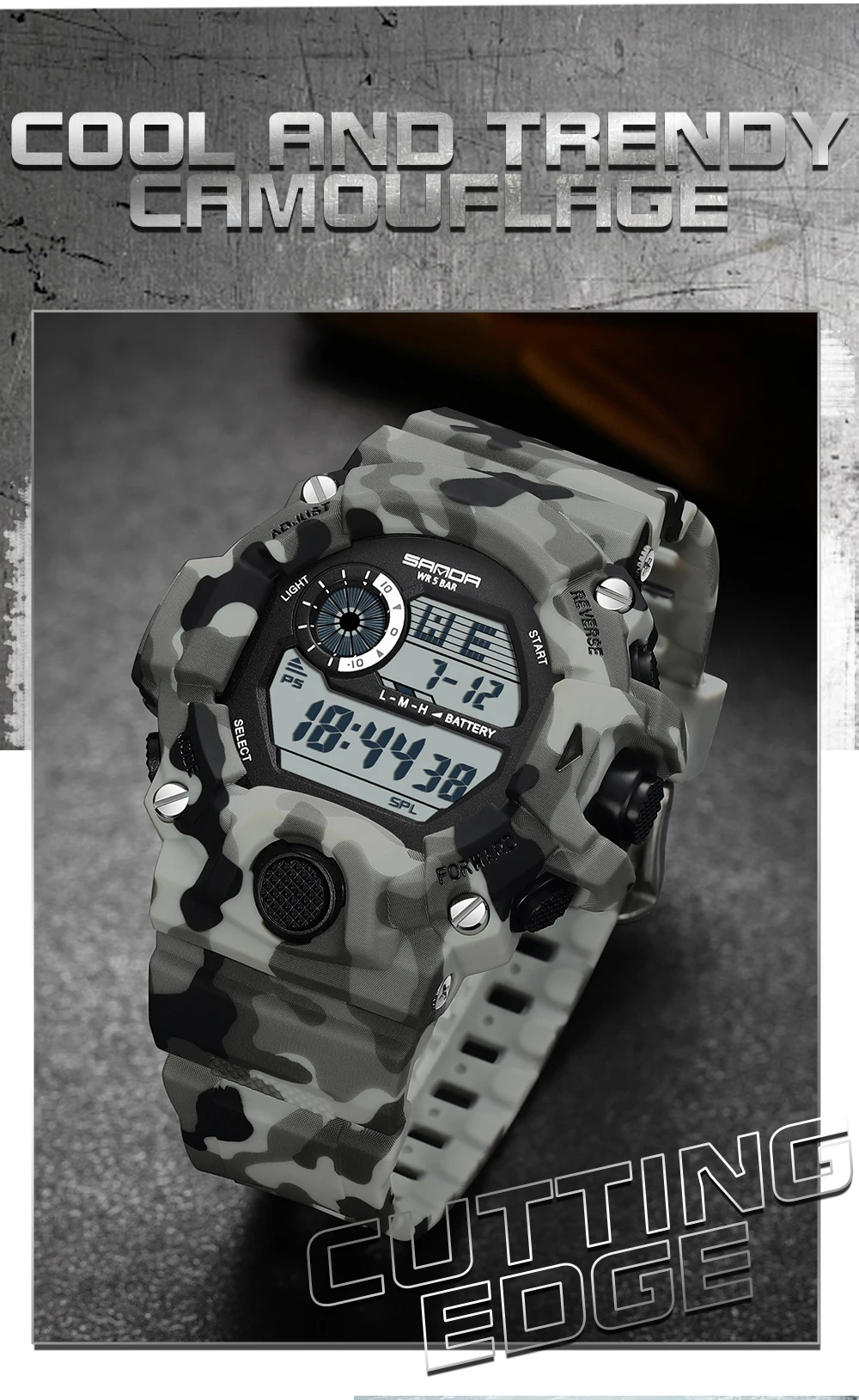 Fashion SANDA 2183 Men's Camouflage Military Multi Functional Waterproof Day Night Light Calendar Men's Electronic Watch 2025