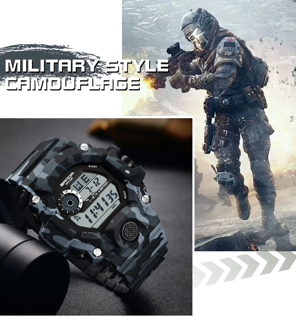 Fashion SANDA 2183 Men's Camouflage Military Multi Functional Waterproof Day Night Light Calendar Men's Electronic Watch 2025