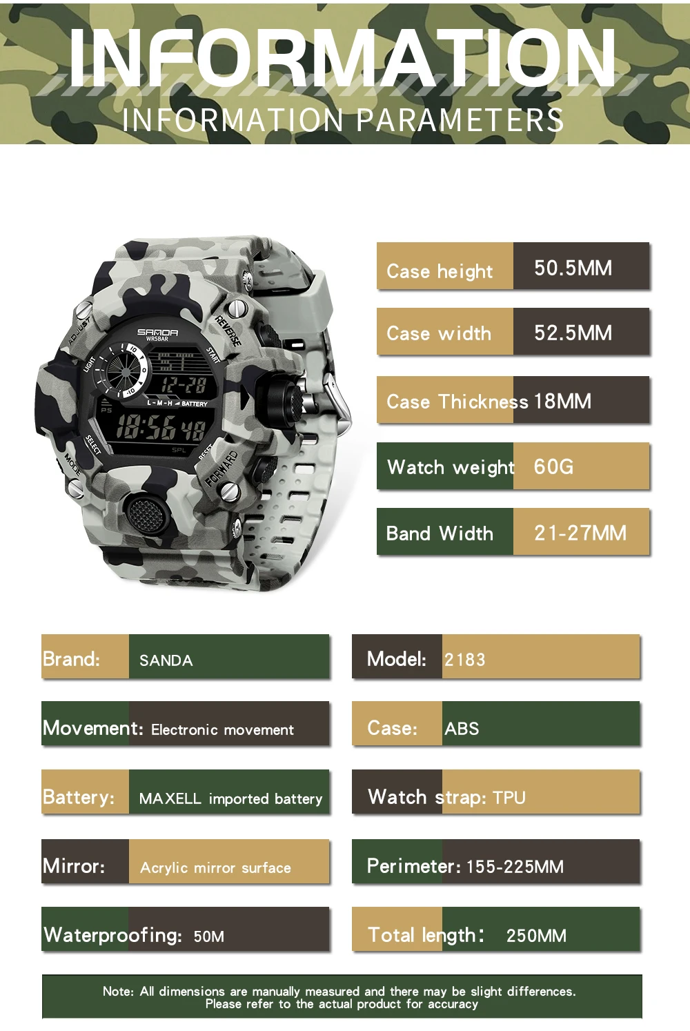 Fashion SANDA 2183 Men's Camouflage Military Multi Functional Waterproof Day Night Light Calendar Men's Electronic Watch 2025