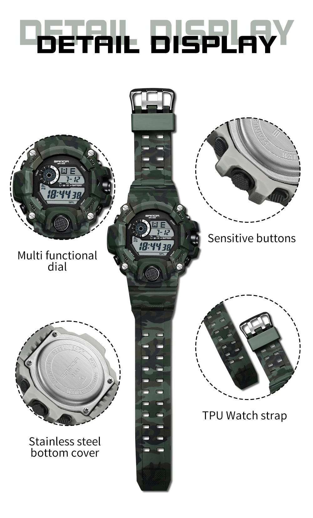 Fashion SANDA 2183 Men's Camouflage Military Multi Functional Waterproof Day Night Light Calendar Men's Electronic Watch 2025