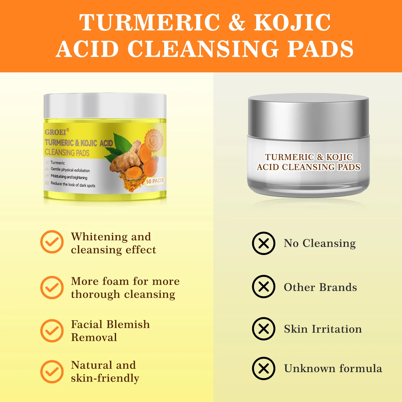 50pcs Turmeric Kojic Acid Cleansing Pads Exfoliating Pads Facial Sponges For Cleansing Exfoliating Daily Cleansing Skin Care
