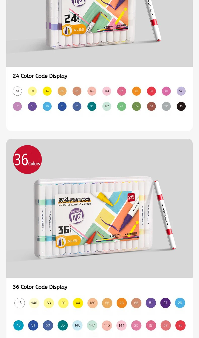 Deli Dual-Tip Acrylic Markers Set Highlighters Art Brush Paint Pens for Doodling Hand Drawing Multiple Sizes 12/24/36/48 Pcs