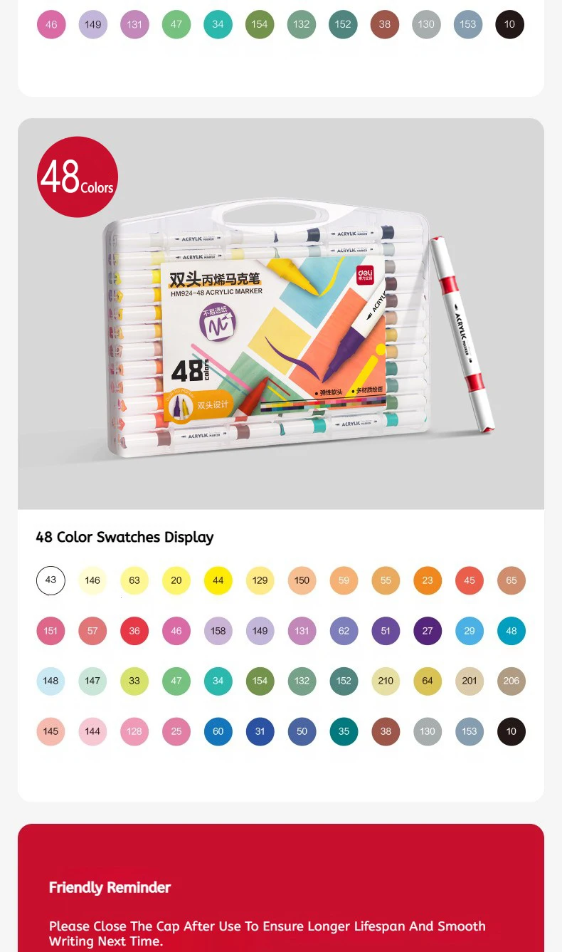 Deli Dual-Tip Acrylic Markers Set Highlighters Art Brush Paint Pens for Doodling Hand Drawing Multiple Sizes 12/24/36/48 Pcs