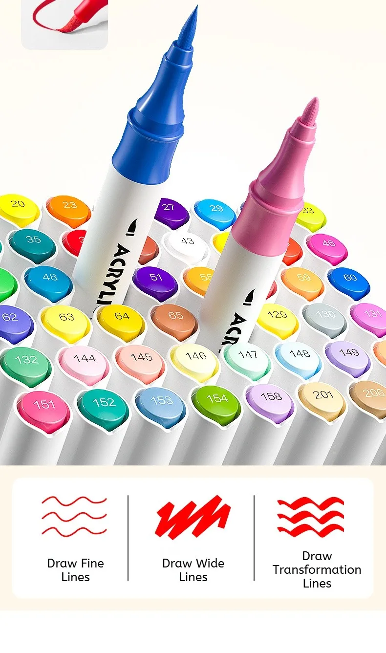 Deli Dual-Tip Acrylic Markers Set Highlighters Art Brush Paint Pens for Doodling Hand Drawing Multiple Sizes 12/24/36/48 Pcs