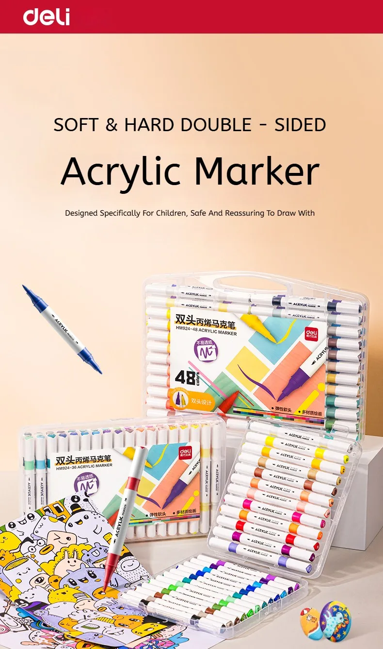 Deli Dual-Tip Acrylic Markers Set Highlighters Art Brush Paint Pens for Doodling Hand Drawing Multiple Sizes 12/24/36/48 Pcs