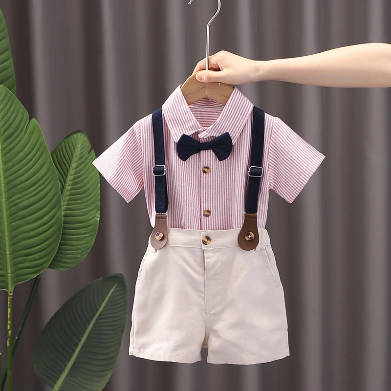 New Summer Kids Boy's Clothes Suits Children Blue Striped Shirt Bib Shorts 2Pcs/Set Gentleman Toddler Baby Tracksuits 0-5 Years