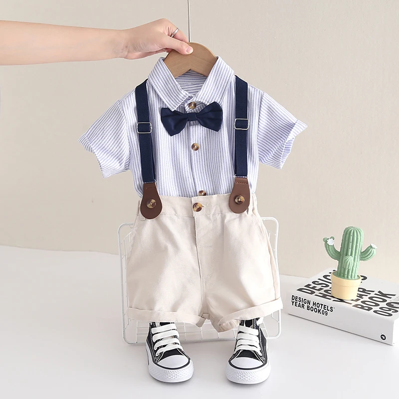 New Summer Kids Boy's Clothes Suits Children Blue Striped Shirt Bib Shorts 2Pcs/Set Gentleman Toddler Baby Tracksuits 0-5 Years