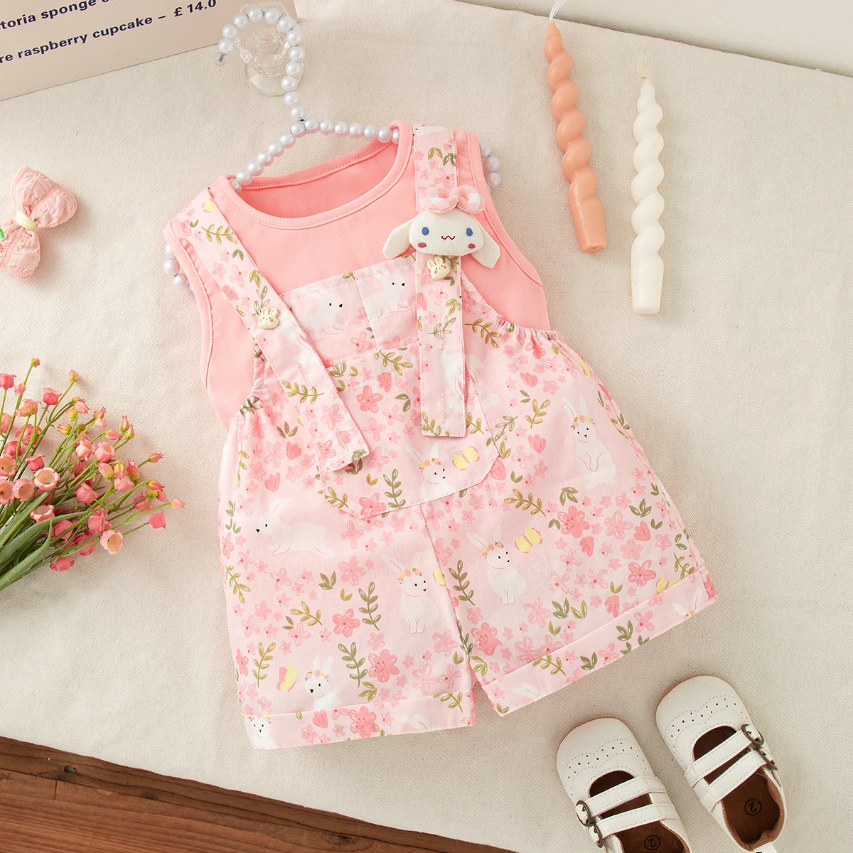 Baby Girl Set Cute Rabbit Ear Tops with Yellow Checker Shoulder Strap Shorts Suit 2 Piece Summer Casual Outdoor Costume for Girl