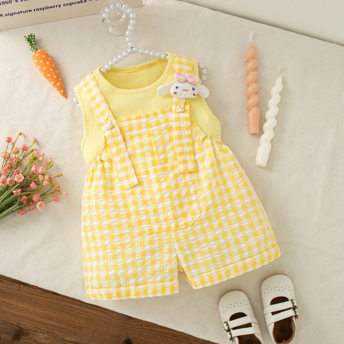Baby Girl Set Cute Rabbit Ear Tops with Yellow Checker Shoulder Strap Shorts Suit 2 Piece Summer Casual Outdoor Costume for Girl
