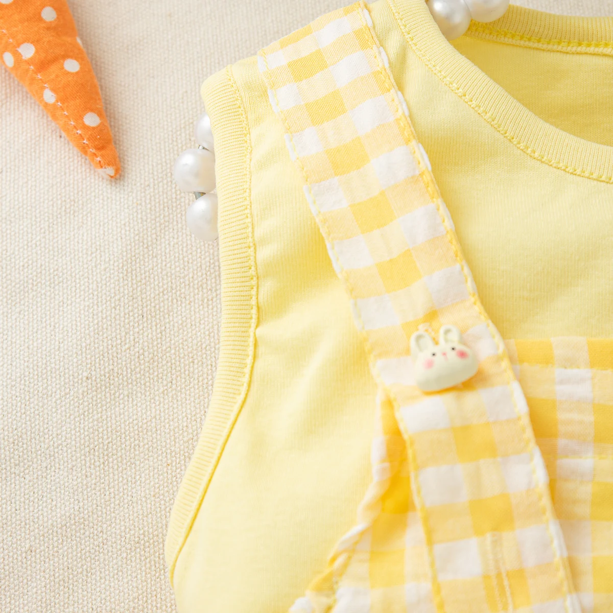 Baby Girl Set Cute Rabbit Ear Tops with Yellow Checker Shoulder Strap Shorts Suit 2 Piece Summer Casual Outdoor Costume for Girl