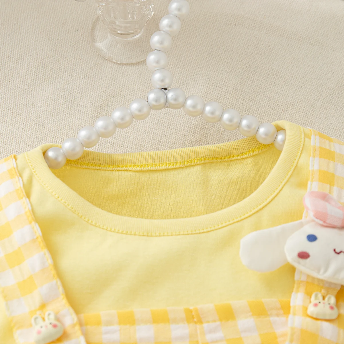 Baby Girl Set Cute Rabbit Ear Tops with Yellow Checker Shoulder Strap Shorts Suit 2 Piece Summer Casual Outdoor Costume for Girl