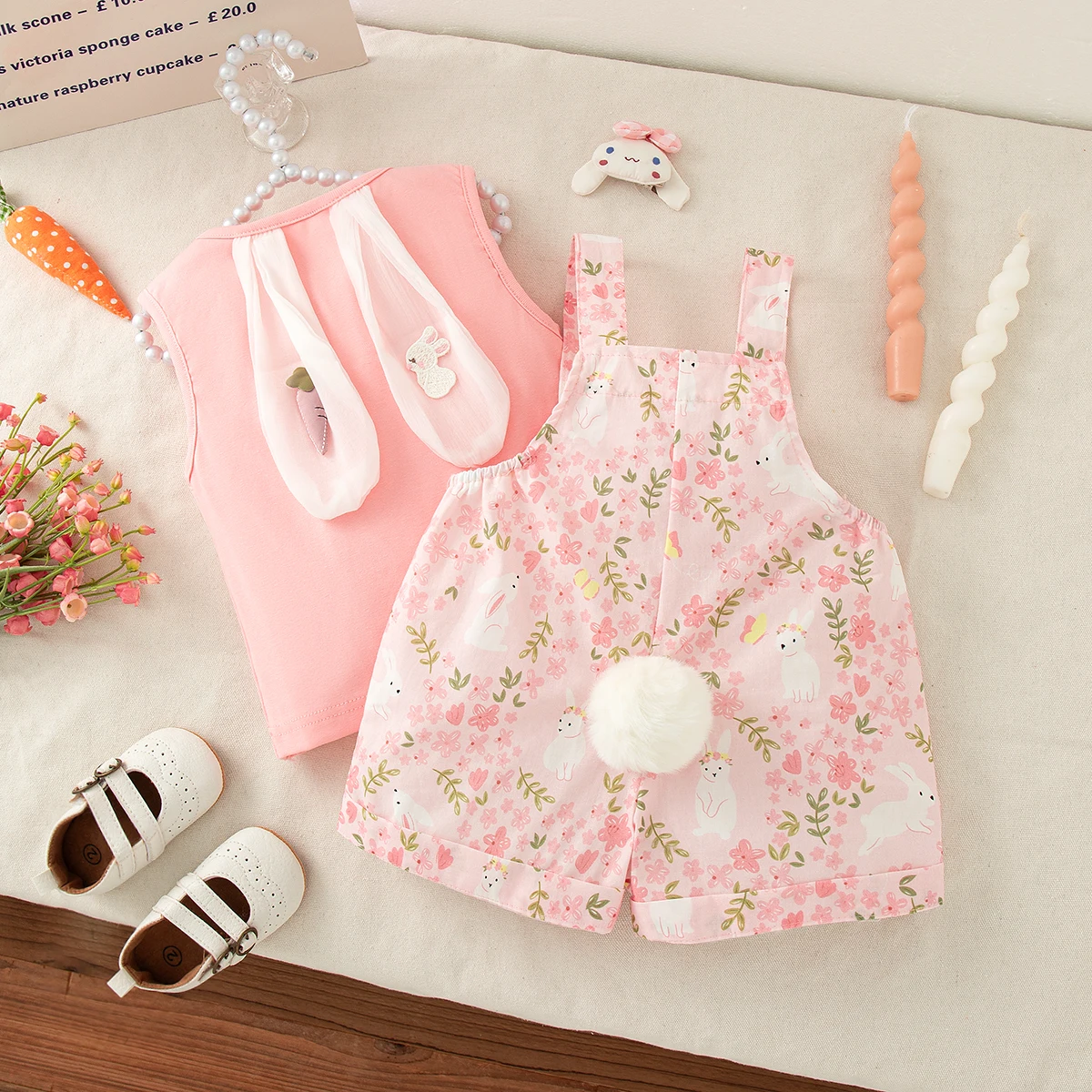 Baby Girl Set Cute Rabbit Ear Tops with Yellow Checker Shoulder Strap Shorts Suit 2 Piece Summer Casual Outdoor Costume for Girl