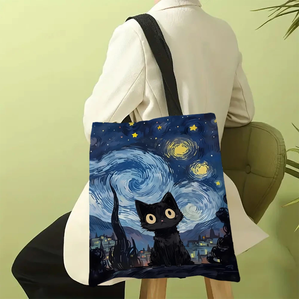 1pc Cute Cartoon Cat Shoulder Bags Funny Animal The Starry Night Shoulder Bags Casual Fashionable Bag, Multi Functional Handbag