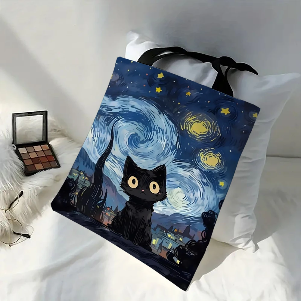 1pc Cute Cartoon Cat Shoulder Bags Funny Animal The Starry Night Shoulder Bags Casual Fashionable Bag, Multi Functional Handbag