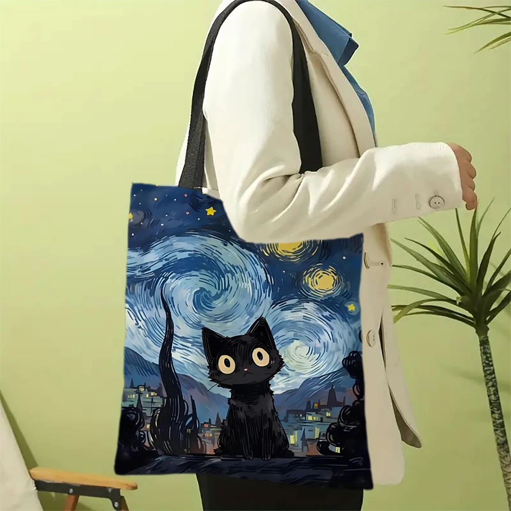 1pc Cute Cartoon Cat Shoulder Bags Funny Animal The Starry Night Shoulder Bags Casual Fashionable Bag, Multi Functional Handbag