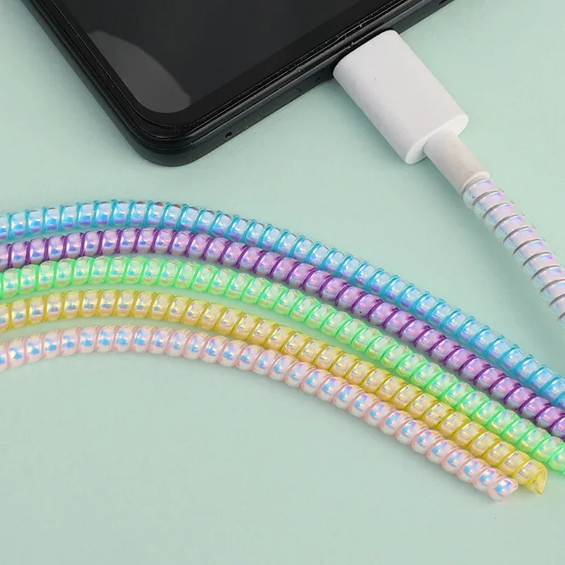 New 1.4M Laser Color TPU Spiral USB Charging Cable Protector for IPhone Samsung Huawei Earphone Cord Line Anti-break Protection