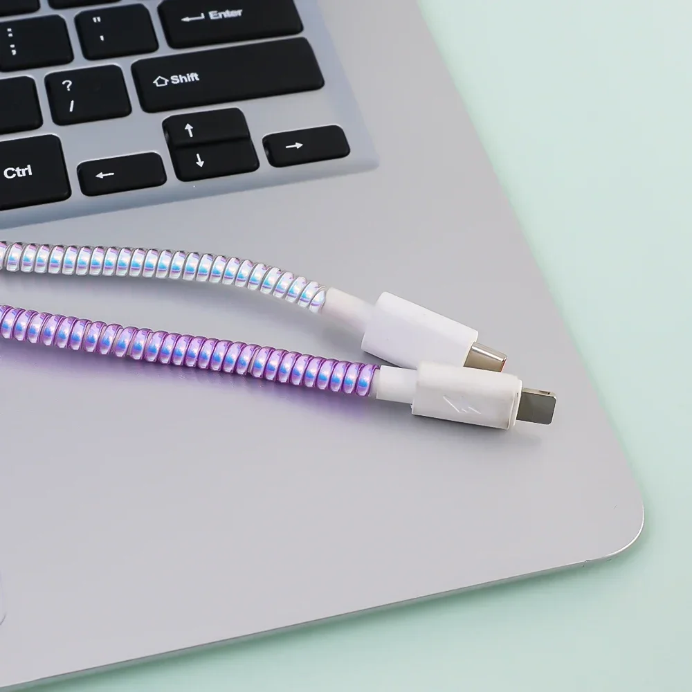 New 1.4M Laser Color TPU Spiral USB Charging Cable Protector for IPhone Samsung Huawei Earphone Cord Line Anti-break Protection
