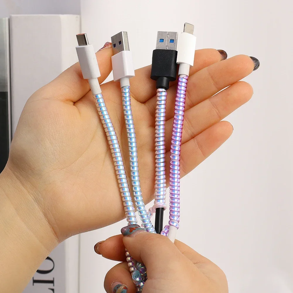 New 1.4M Laser Color TPU Spiral USB Charging Cable Protector for IPhone Samsung Huawei Earphone Cord Line Anti-break Protection