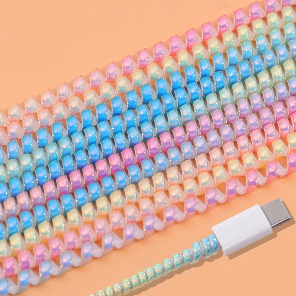 New 1.4M Laser Color TPU Spiral USB Charging Cable Protector for IPhone Samsung Huawei Earphone Cord Line Anti-break Protection