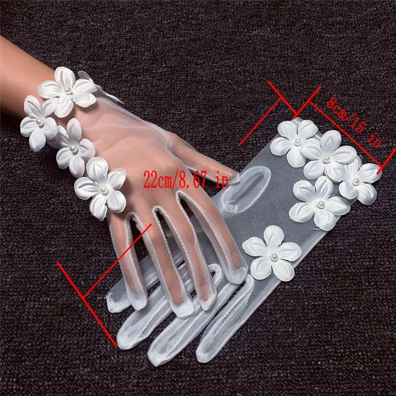 Korean Simple Short White Transparent Mesh Flower Pearl Wedding Dresses Gloves For Bride Evening Parties Etiquette Accessories