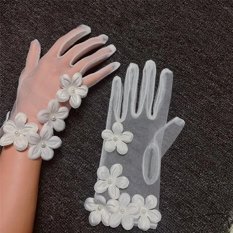 Korean Simple Short White Transparent Mesh Flower Pearl Wedding Dresses Gloves For Bride Evening Parties Etiquette Accessories