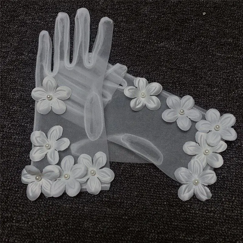 Korean Simple Short White Transparent Mesh Flower Pearl Wedding Dresses Gloves For Bride Evening Parties Etiquette Accessories