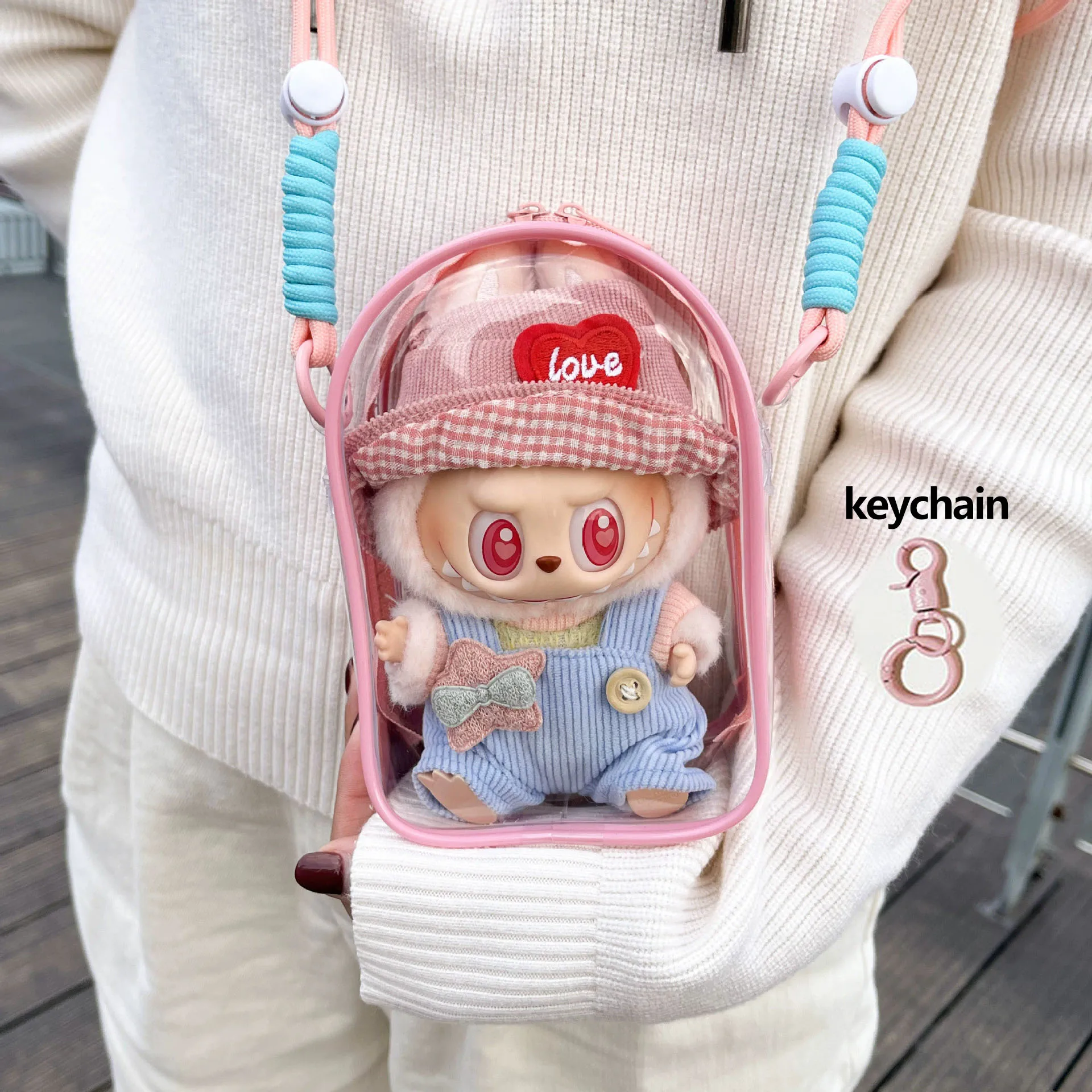 For 15cm Labubu v2 sitting party cotton doll crossbody pain bag pvc storage bag hairball Dolls Display Bag (No dolls)