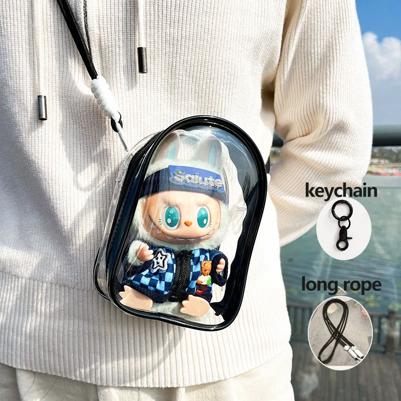 For 15cm Labubu v2 sitting party cotton doll crossbody pain bag pvc storage bag hairball Dolls Display Bag (No dolls)