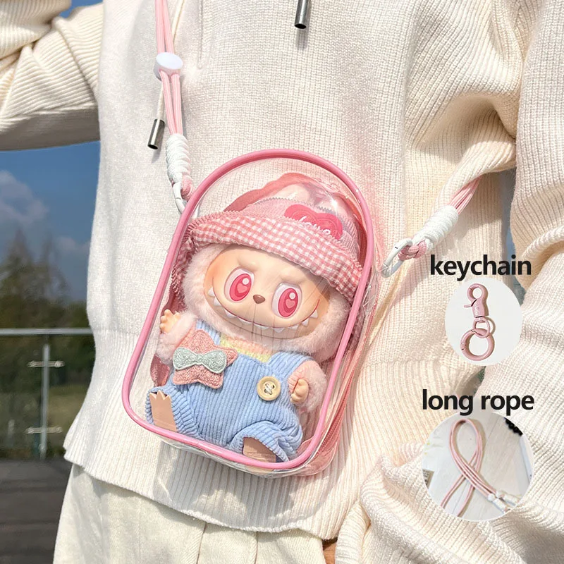 For 15cm Labubu v2 sitting party cotton doll crossbody pain bag pvc storage bag hairball Dolls Display Bag (No dolls)