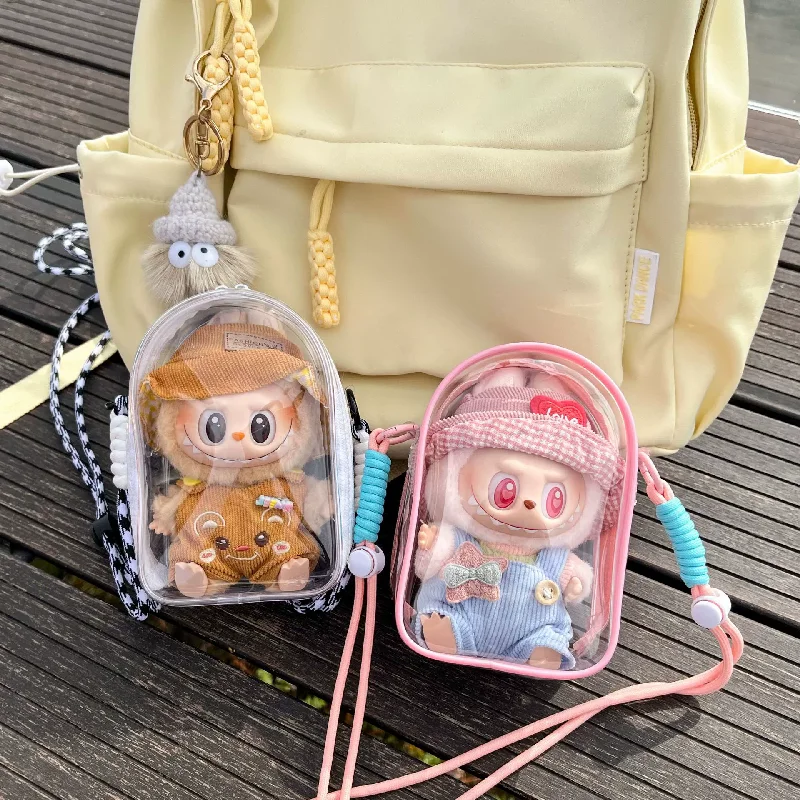 For 15cm Labubu v2 sitting party cotton doll crossbody pain bag pvc storage bag hairball Dolls Display Bag (No dolls)