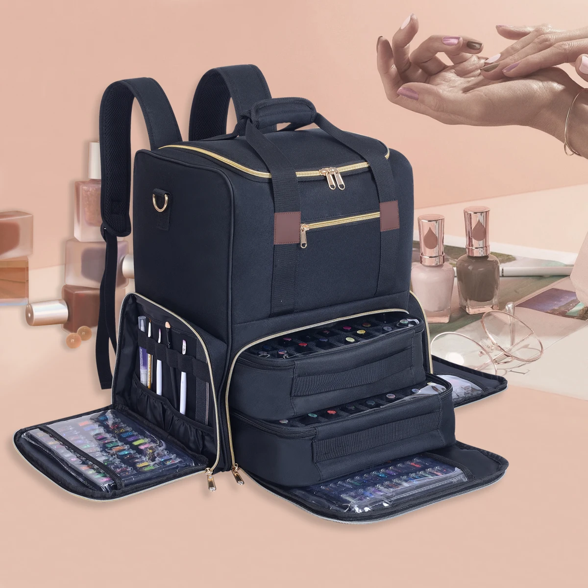 UOZL Nail Polish Organizer Backpack Holds 80 Bottles and a Nail Lamp Supplies with 2 Removable Cases Storage Bag Professional Tr