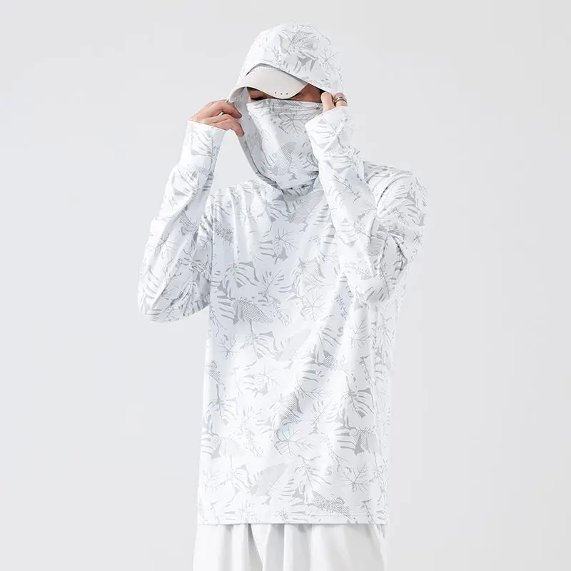 Sun Protection T-Shirts Mens Long Sleeve UV-Proof T-Shirts Fishing Hiking Summer Mask Lightweight Outdoor Protection Hoodie Tee