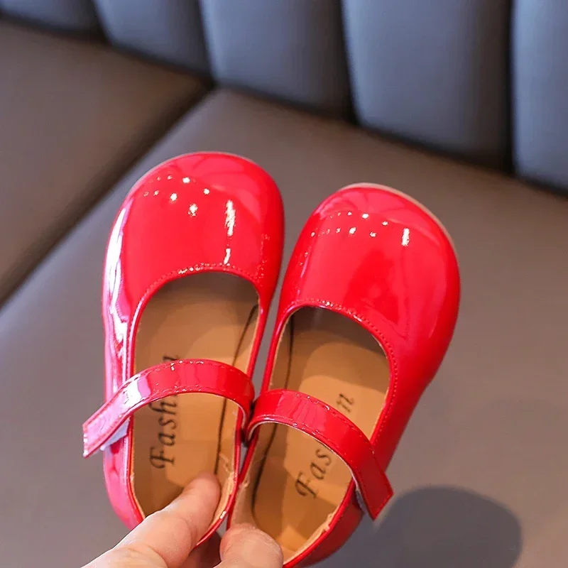 Plain Patent Leather Ballet Flats for Baby Girls Concise Round-Toe Mary Jane Shoes Red/White Kids Soft Sole