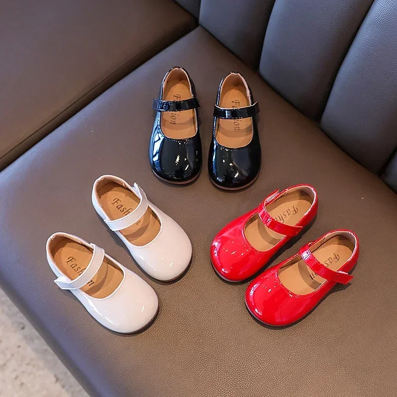 Plain Patent Leather Ballet Flats for Baby Girls Concise Round-Toe Mary Jane Shoes Red/White Kids Soft Sole