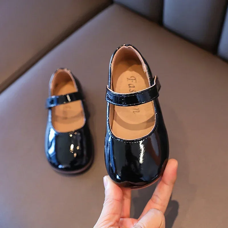 Plain Patent Leather Ballet Flats for Baby Girls Concise Round-Toe Mary Jane Shoes Red/White Kids Soft Sole